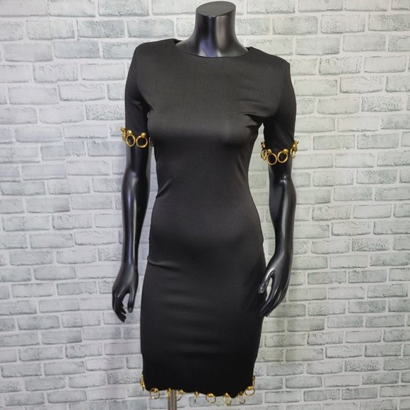 Arrogant Cat London UK8 US4 Black‎ Mini Body Conscious Dress With Gold Ring - Picture 1 of 9